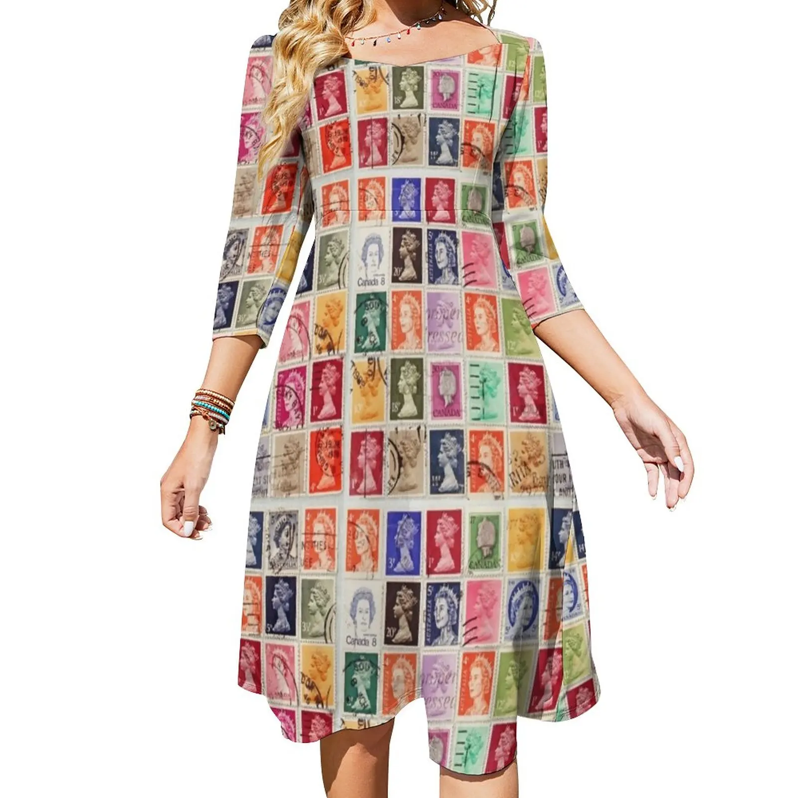 Majesty Queen Elizabeth Casual Dress Ladies Postage Stamps Aesthetic Dresses Elegant Dress With Bow Summer Oversized Vestido