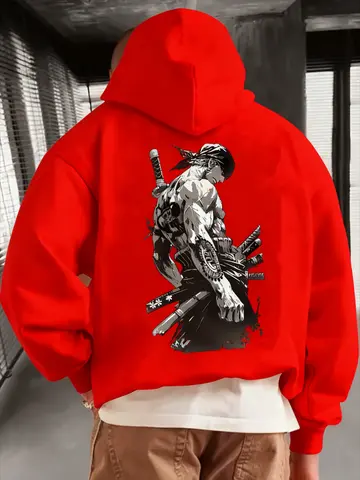 เสื้อฮู้ดสปอร์ตพิมพ์ลายอนิเมะนักรบซามูไรสำหรับผู้ชาย สไตล์ฤดูใบไม้ร่วงและฤดูหนาวปี 2025 พร้อมลายพิมพ์ด้านหลัง