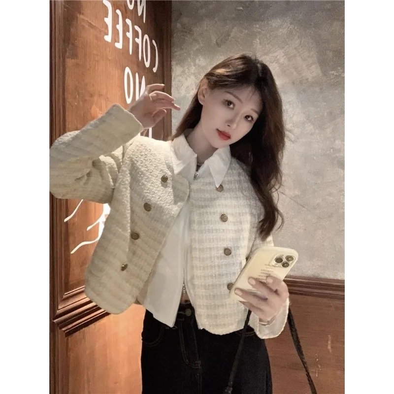 Fall and Winter Women Tweed Jacket Korean Fashion Commuter Luxury Round Neck Long-sleeved Single-breasted Short Top Coats Women