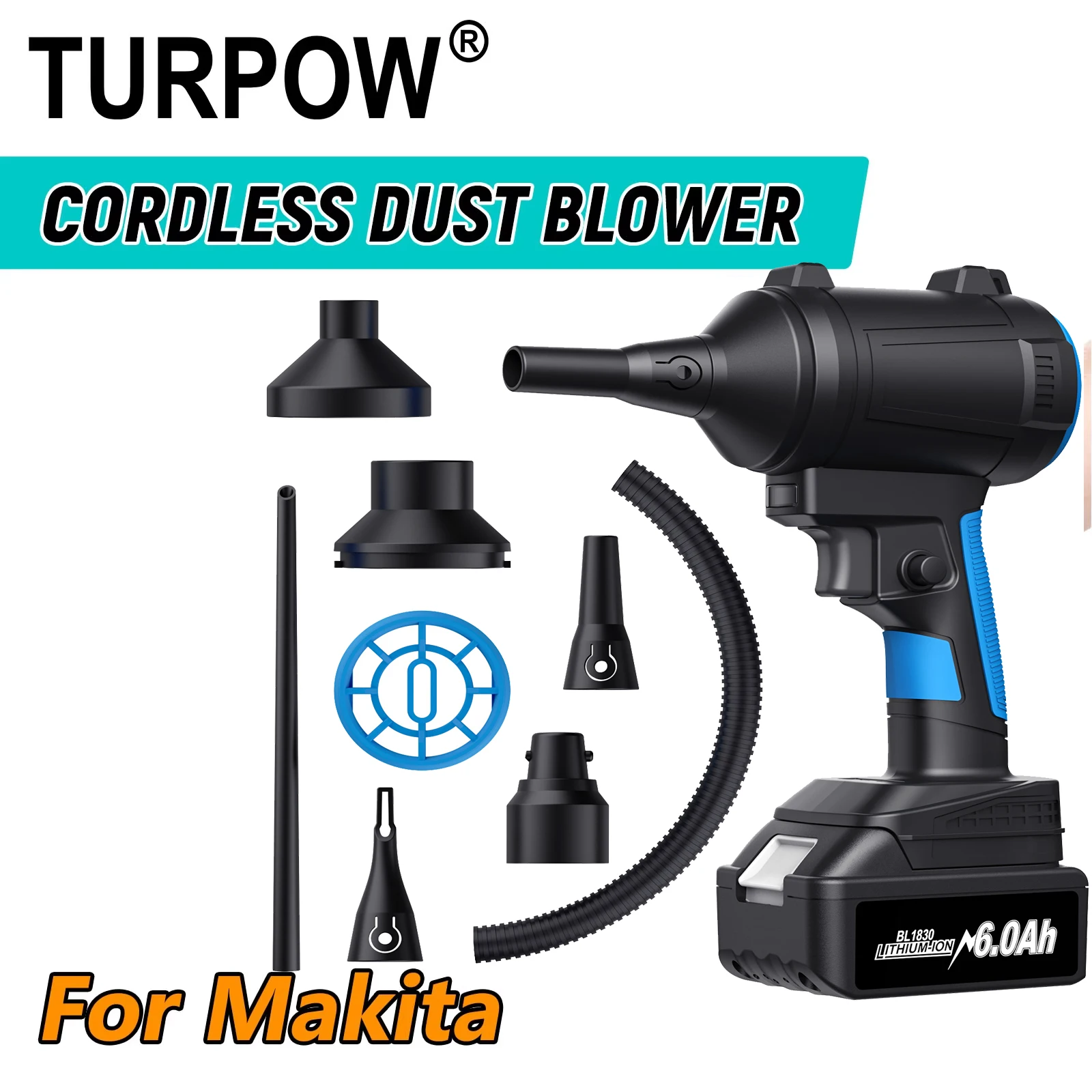 TURPOW Akku-Staubgebläse für Makita 18 V Akku BL1830 BL1840 BL1850 BL1815 Tragbares elektrisches Staubgebläse Elektrowerkzeug-Akku