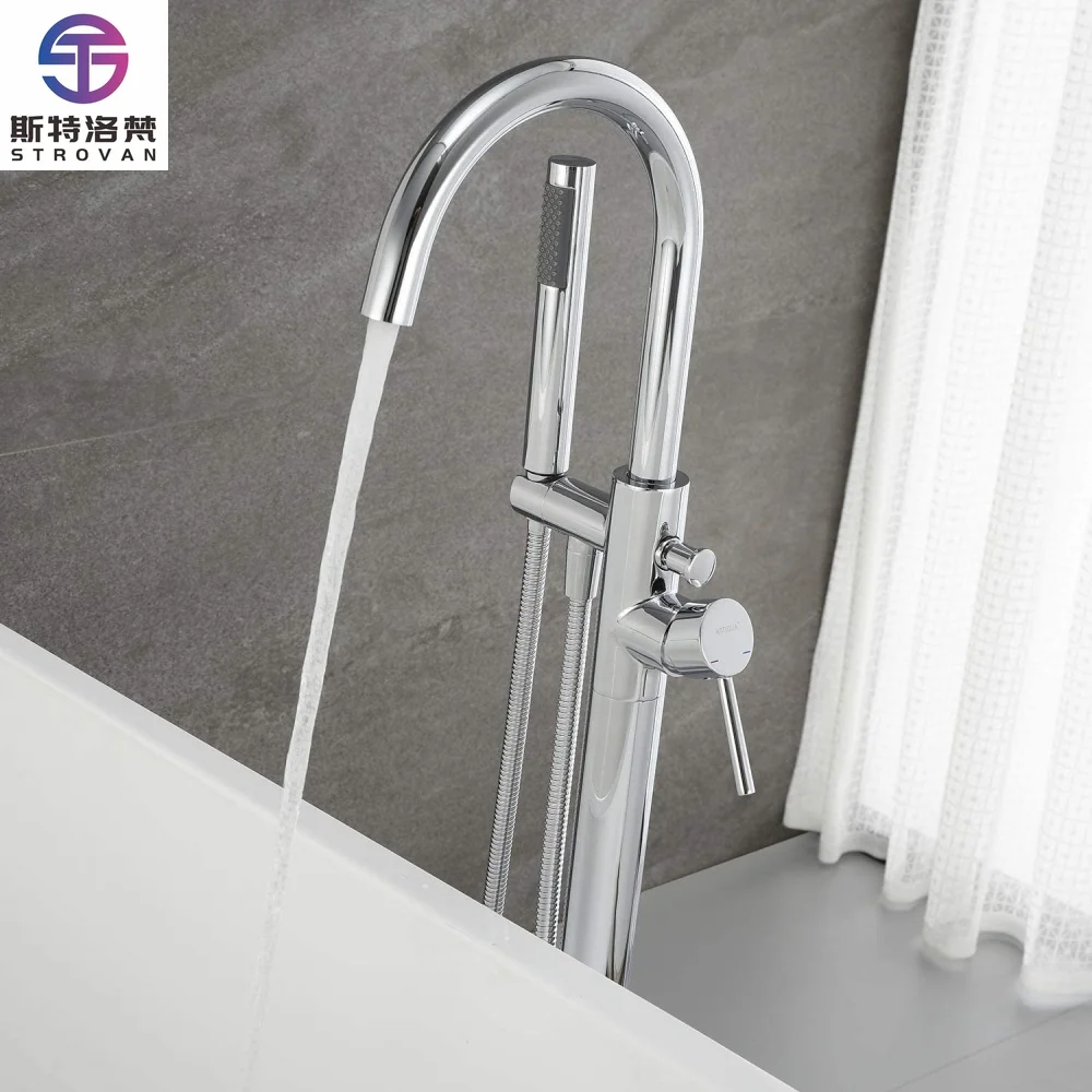 

Freestanding Tub Filler Waterfall Bathtub Faucet Chrome Floor Mount Brass Single Handle with Soft Hand Shower Bath Standing Tap