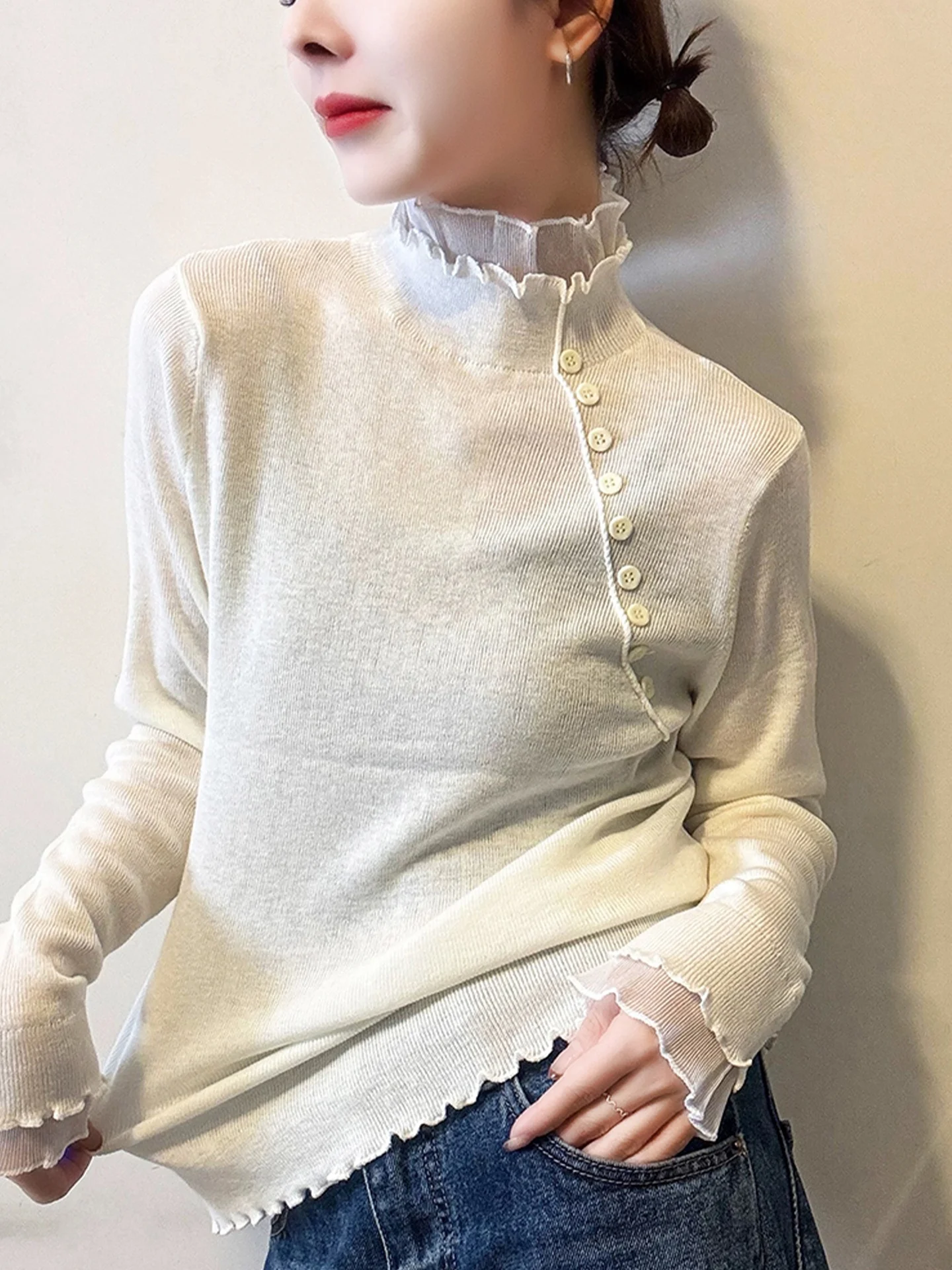 

Ele Me Splice Long Sve Knitwear Slimming Winter Faion Korean Sle Straight Cut Soft Medium Densi Comfortable Fit