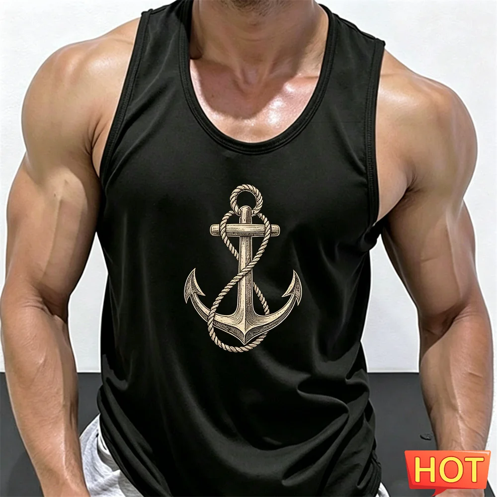 Summer Sailing men's round neck sleeveless T-shirt fitness vest Hard guy gym sports vest quick-dry men's t-shirts and tank tops