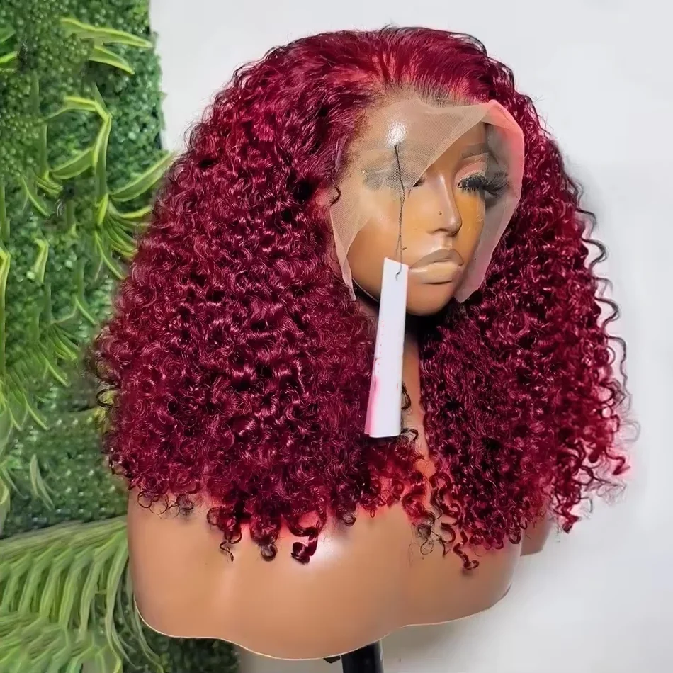 Burgundy Deep Wave 13x4 Lace Frontal Bob Wig 200% Density 99J Colored Remy Water Wave Frontal Human Hair Wigs Pre Plucked Wigs