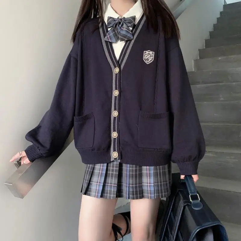 Gestrickte Strickjacke College-Stil japanische JK Uniform blau Langarm Pullover Stickerei Student koreanische lose Schulmädchen Uniform