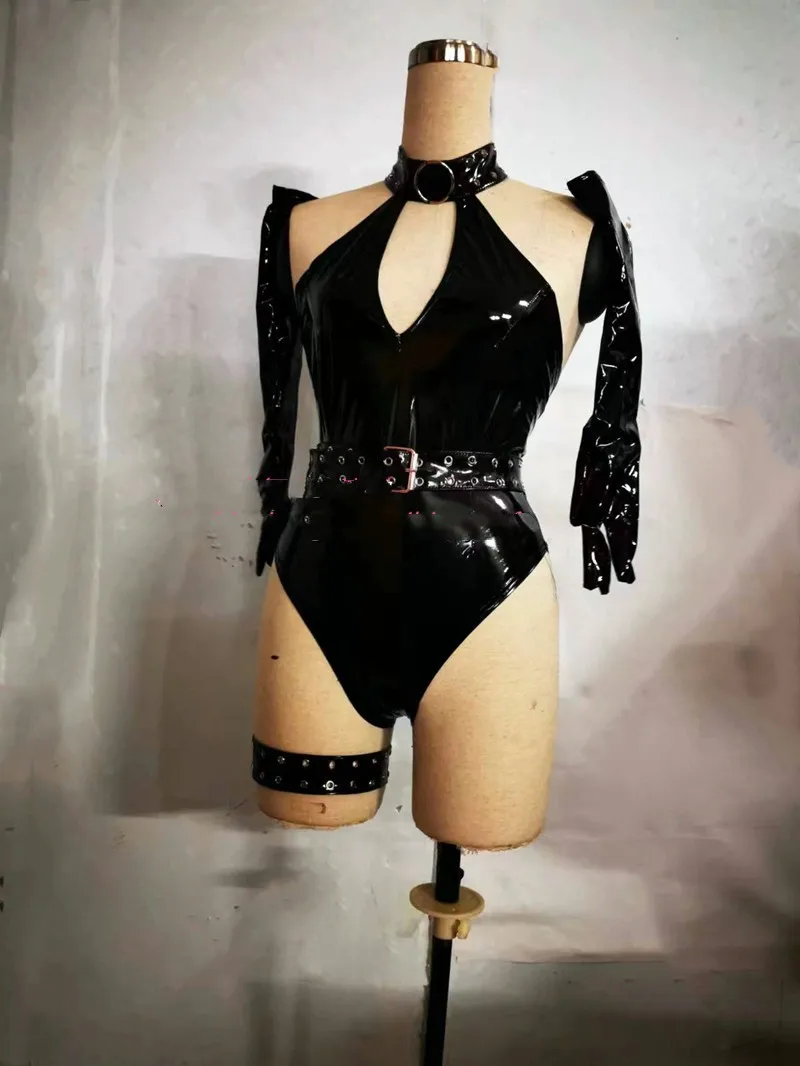 Bar black patent leather high fork conjoined GOGO costume nightclub DS