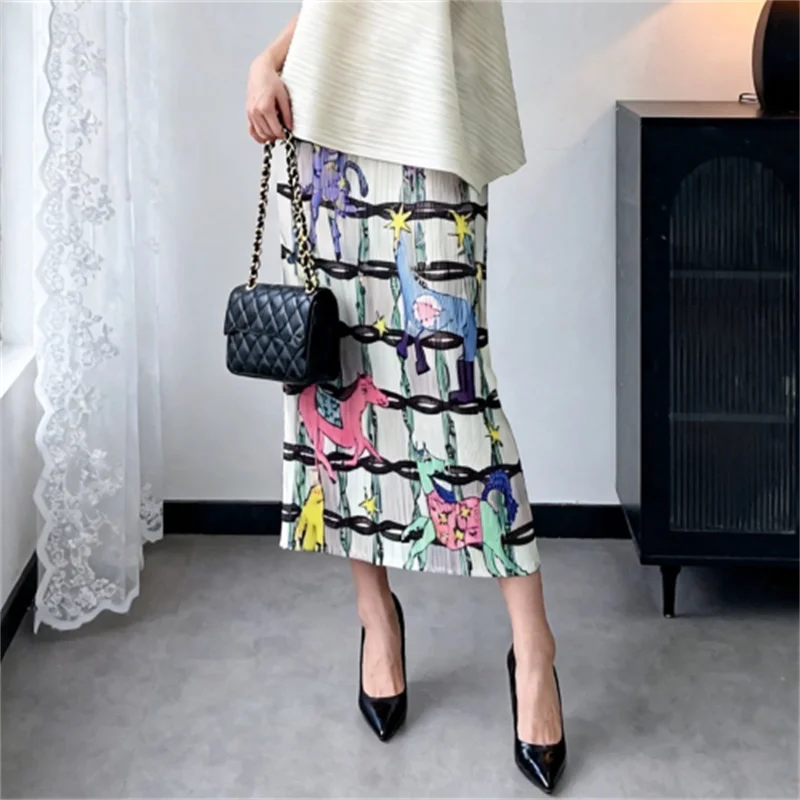 Miyake Pleated Colorful Pony Print Three-dimensional Textured Elastic Waist Skirt