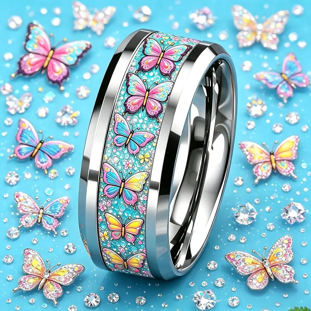 Sparkly Multicolor Butterfly Ring Cute Cartoon Animal Stainless Steel Rings For Women Men Students Wedding Band Jewelry Gifts