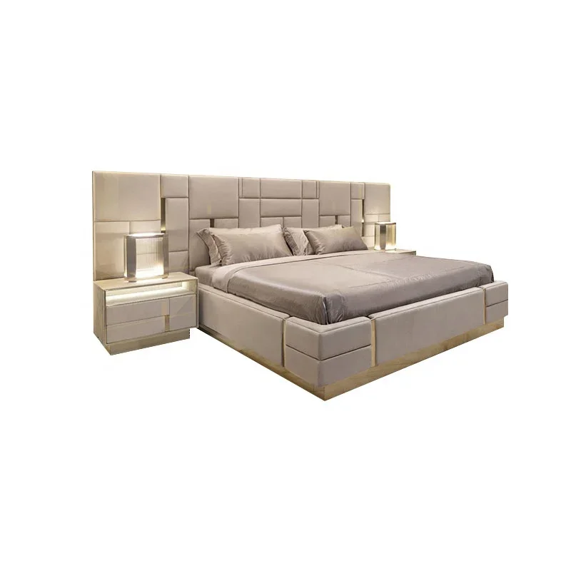 

Modern Italian Genuine Leather Bedroom Sets With Big Headboard Luxury King Size Bed Villa Hotel Home