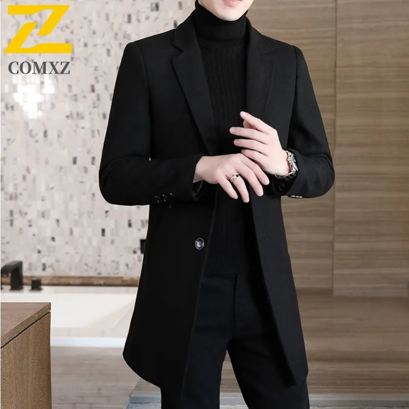 COMXZ Mens Wool Coat Korean Trend Long Cashmere Coat Autumn Winter Thick Wool Trench Coat