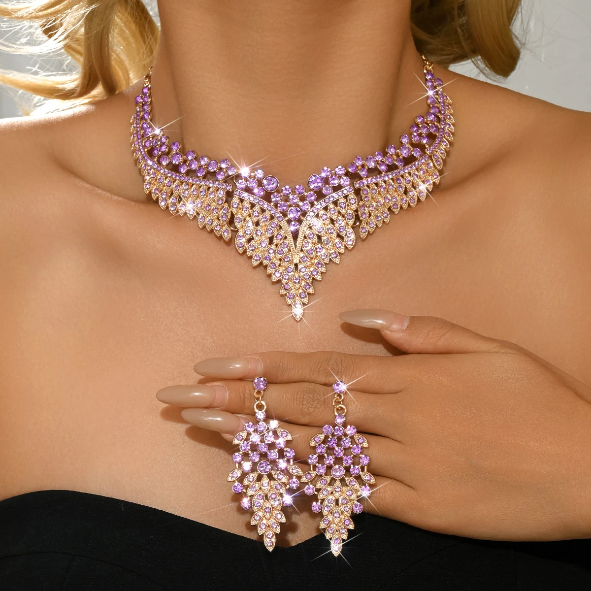 Summer Bohemian Wings Purple Diamond Necklace Earrings with Gradient Violet Crystal Suitable for Island Resort Beach Dressing
