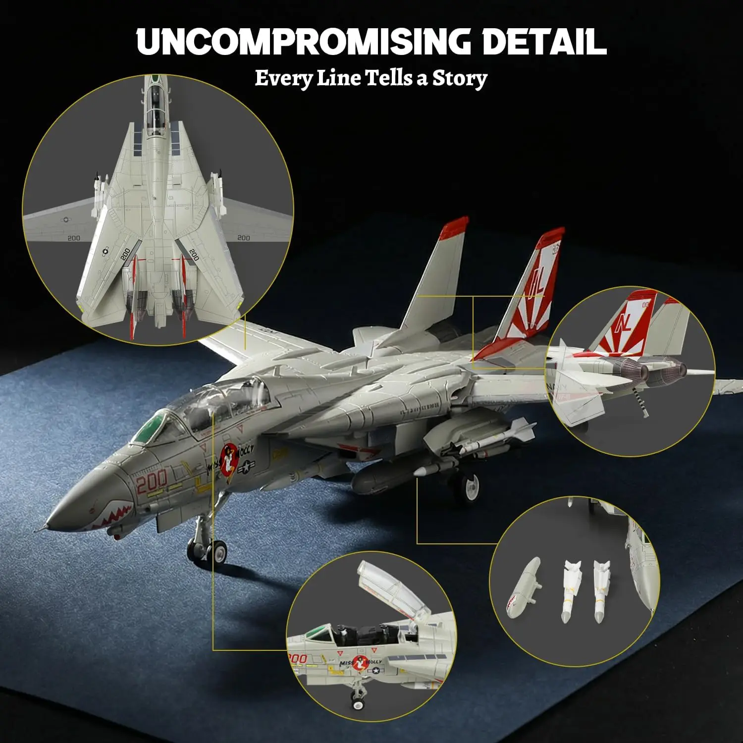 1/72 F-14 Die-Cast Metal Pre-Built Fighter Jet Model with Detachable Missiles and Adjustable Tail Fins Military Enthusiasts Gift