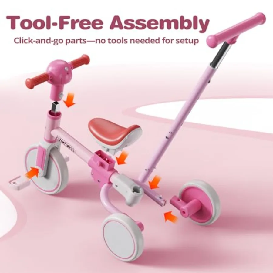 Triciclo 5 in 1 per bambini di 2-5 anni, bici da equilibrio per bambini e bici da spinta per bambini con maniglia per genitori, luce musicale RGB, senza attrezzi