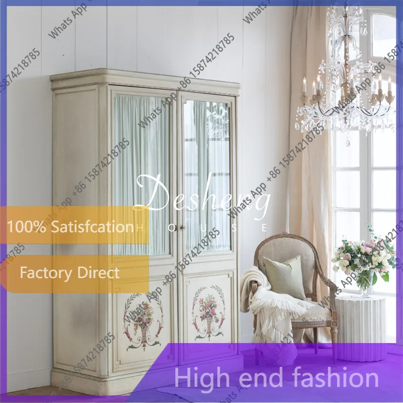 

Французский шкаф из массива дерева в стиле ретро, старинный пасторальный шкаф с покраской, европейский простой шкаф для хранения, мебель для свадебной комнаты, антикварная мебель на экспорт.