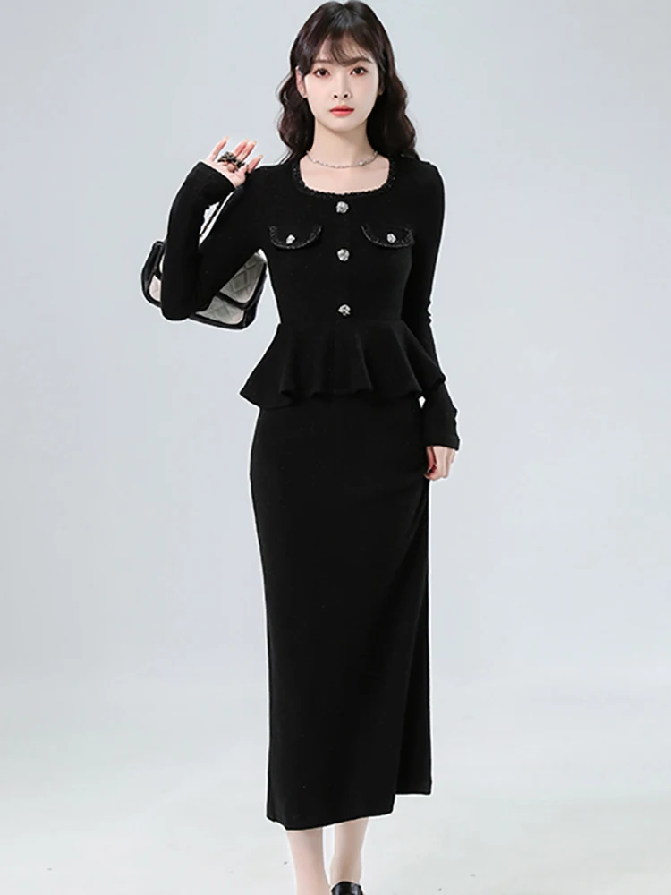 

Autumn Winter Black Elegant Ruffled Dress with Long Sleeve Women Korean Vintage Hepburn Dress 2025 Bodycon Festival Party Dress