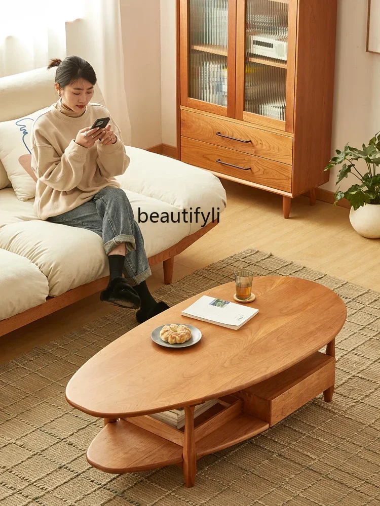 25LD Nordic solid wood coffee table cherry wood living room tea table multi-functional small apartment with drawers
