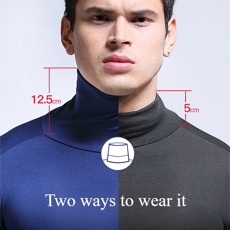 Man High Neck Long T-Shirts Underwear Winter Thermal Panties Sexy Super Thin Bottoms Tops Shirts Fashion Blue Nylon Black Cloth