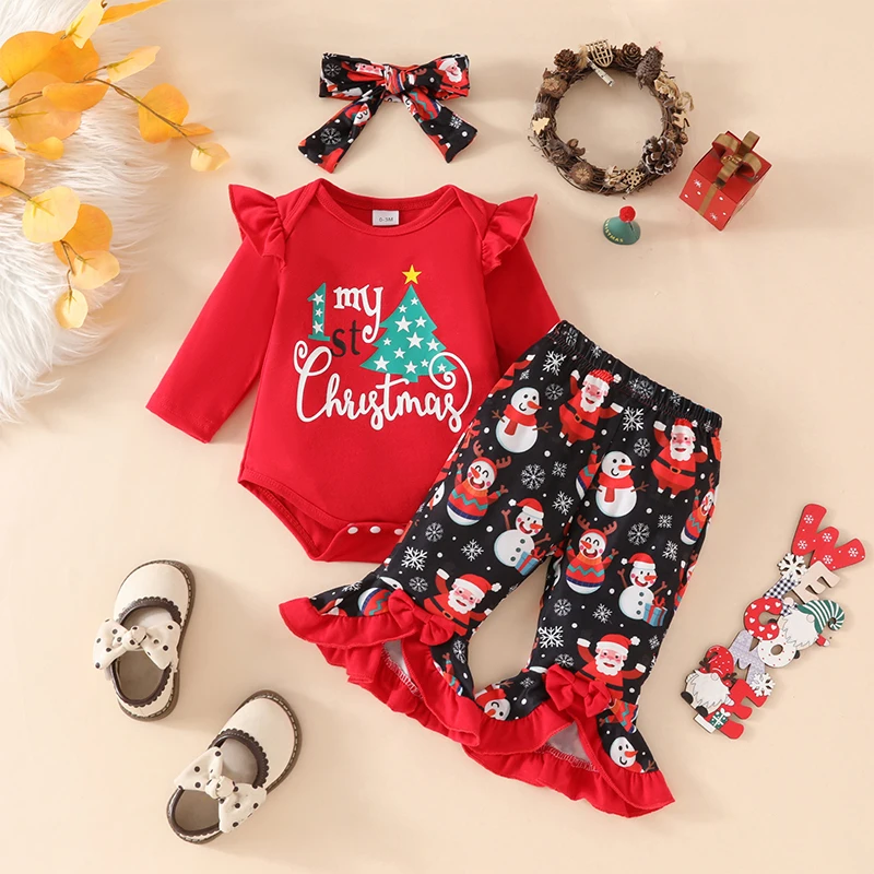 Baby Girl First Christmas Outfits Long Sleeve Tree Print Romper with Flare Pants Headband Set Newborn Clothes