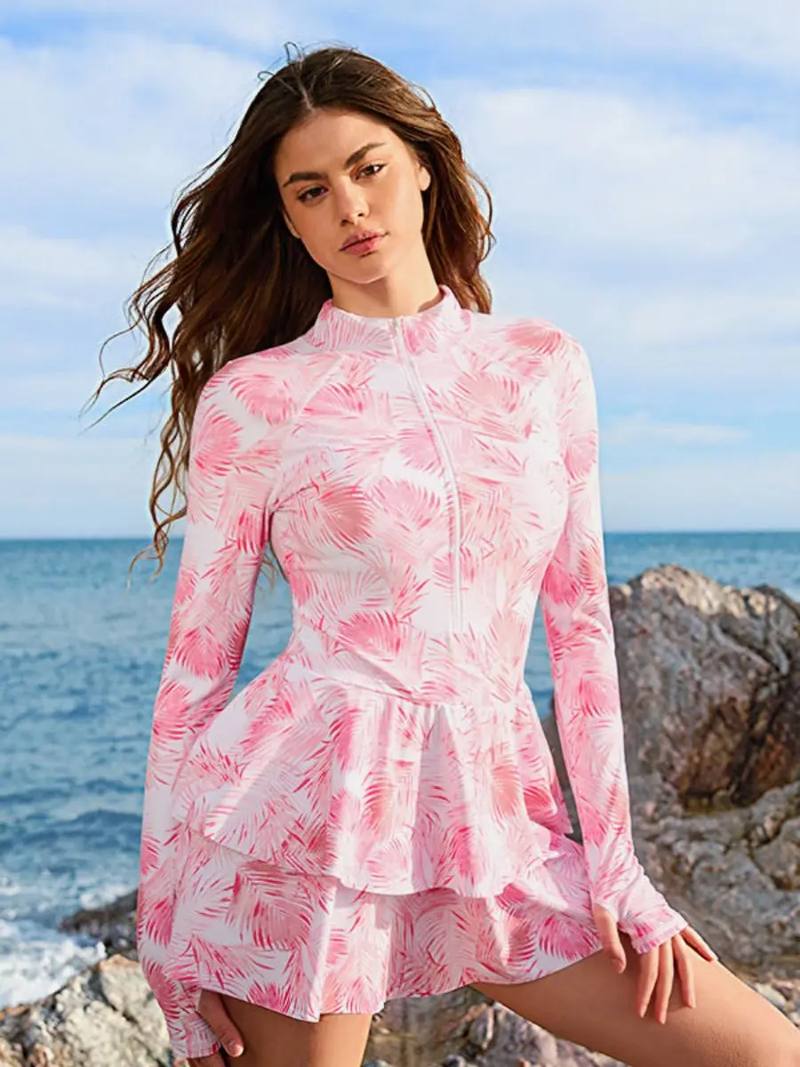 

Tribal Print Half Zip Bathing Suit UPF50+ Women Rash Guard Sports Surfing One-piece Long Sleeve Swimsuit