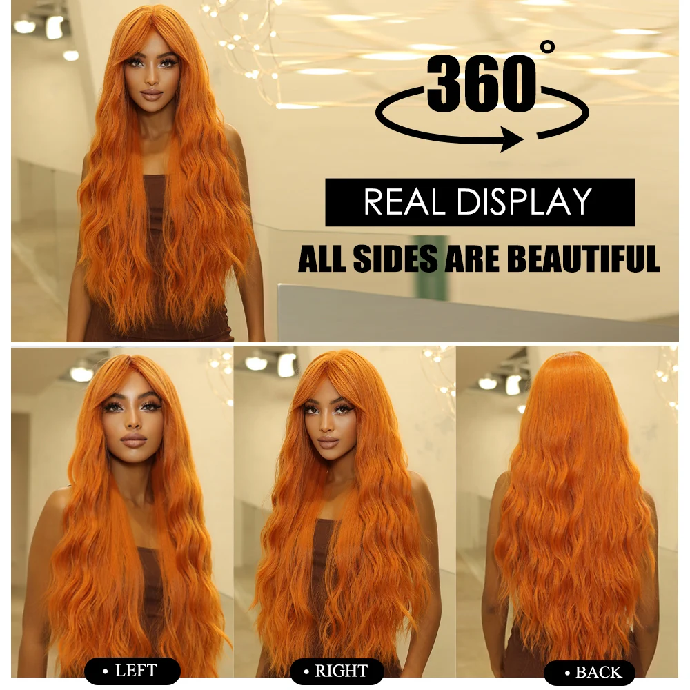 Long Wavy Orange Colorful Cosplay Wigs Deep Wave Copper Ginger Synthetic Wig Bang Hair for Black Women Wig Party Heat Resistant