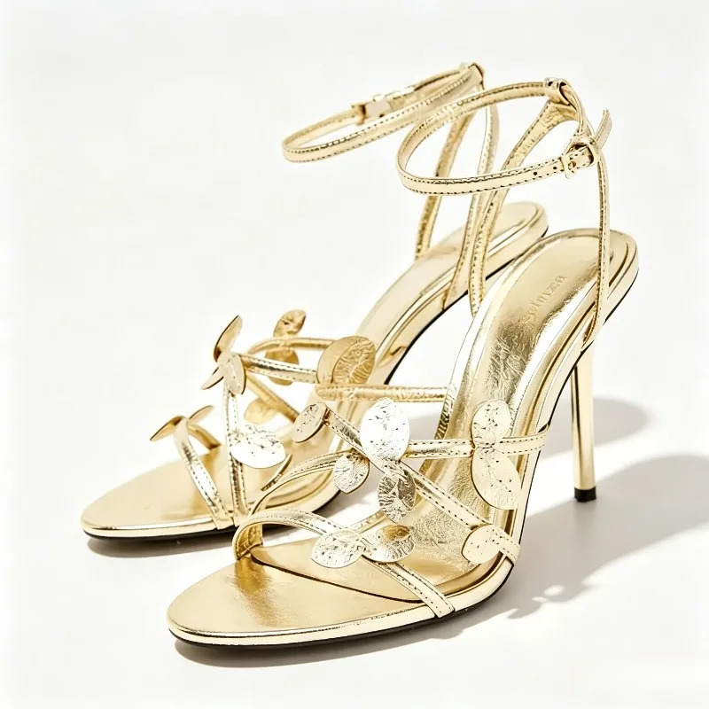 Elegant Gold Leaf Narrow Band High Heeled Sandals Women Fashion Open Toe Ankle Buckle Dress Shoes Luxury Brand Designer Shoes