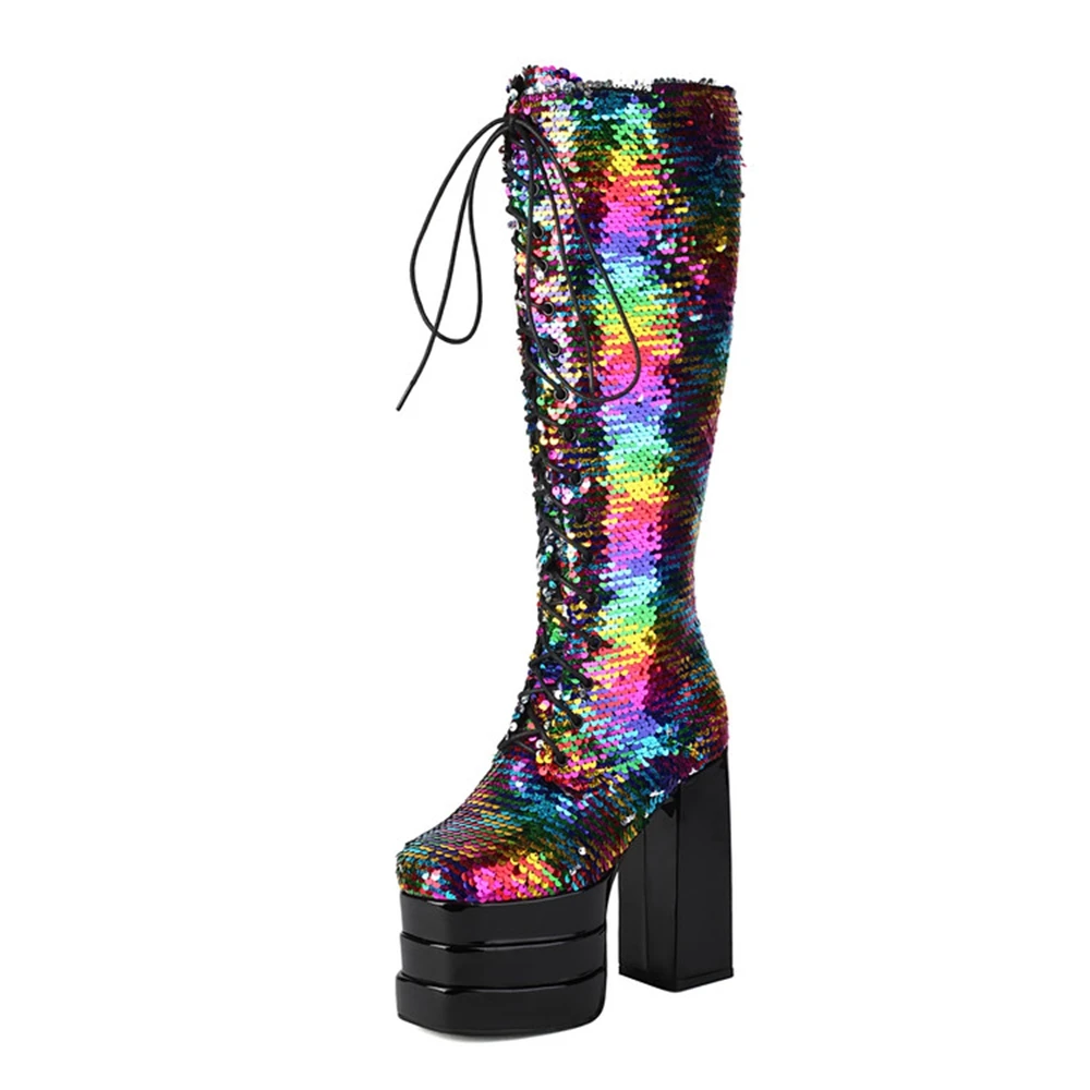 

Designer Women Sequined Sexy Night Knee High Boots with Exposed Heels Colorful Thick Soled Club Steel Tube Dance Shoes 54306