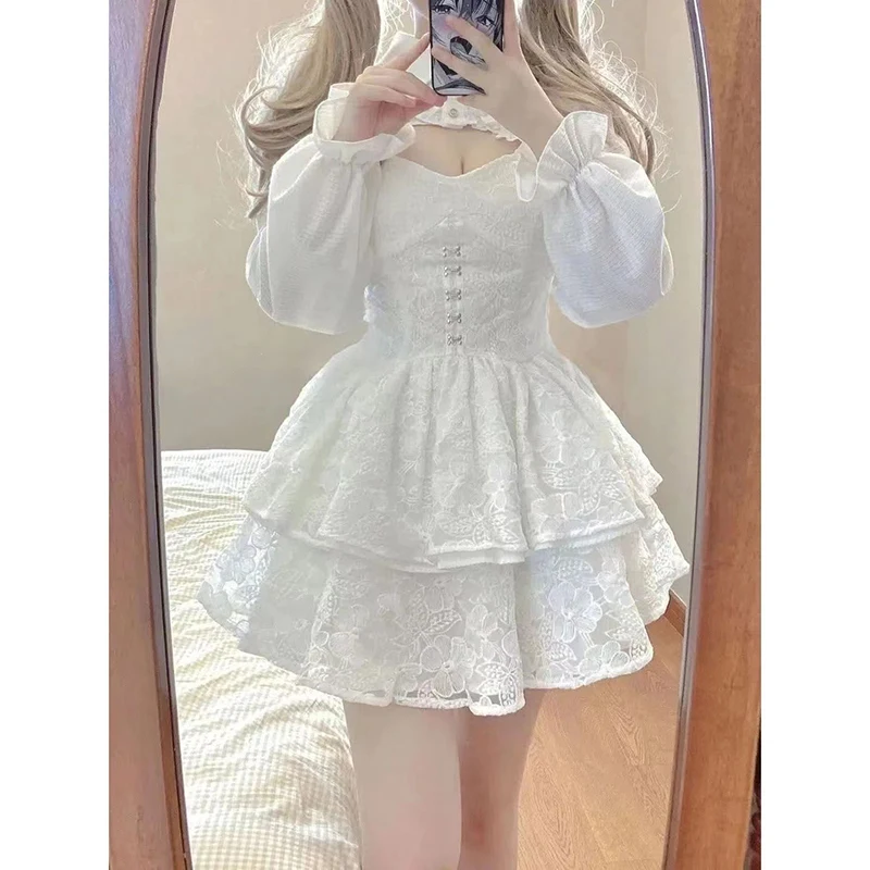 Hot Girl Lace White Kawaii Lolita Dress Woman Cascading Ruffl Long Sleeve Fairy Dress Straps Birthday Party Quinceanera Dresses