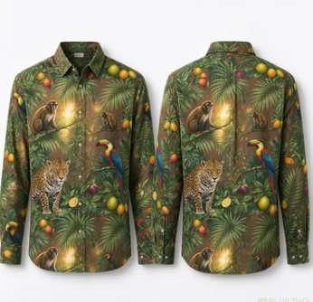 Men All Over Tropical Rainforest Animal Print Long Sleeve Button Down Shirt Front & Back Jungle Wildlife Palm Leaf Graphic Lapel