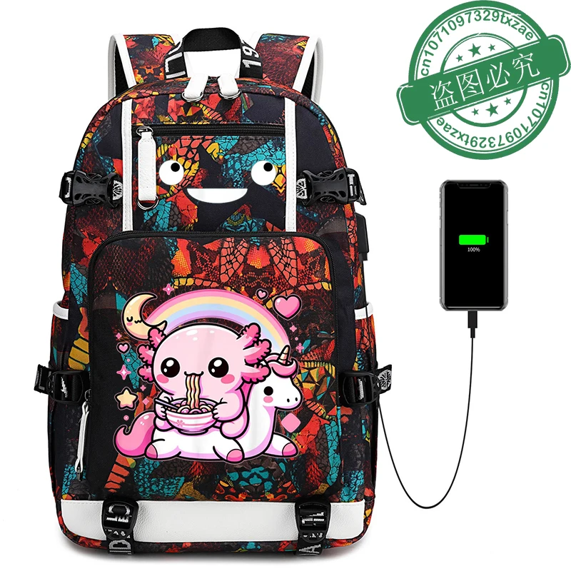 

Роскошный женский и мужской рюкзак Kawaii Axolotl Eating Ramen Noodles, аниме, рюкзак для ноутбука, дорожная сумка, модные школьные рюкзаки для мужчин