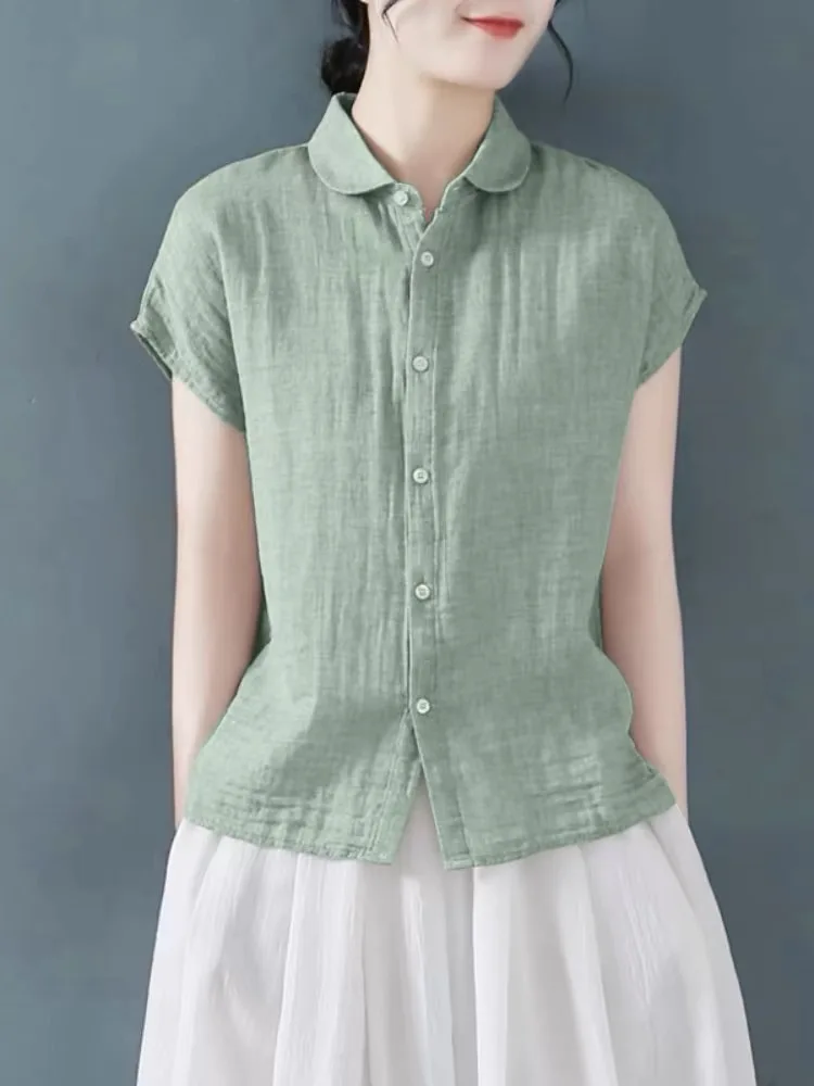 Summer Simple Cotton Linen Shirt Casual Short-sleeved Women Shirt  Blouse Camisas