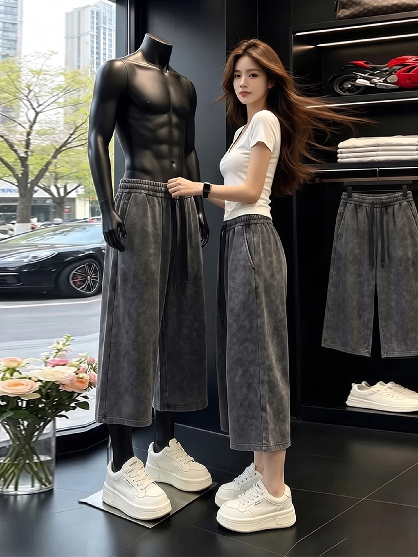 Gray Black Curved Blade Seven-Foot Short Pants Men Women Summer Lazy Loose Casual Pants Thin Loose Slim Wide Leg Pants