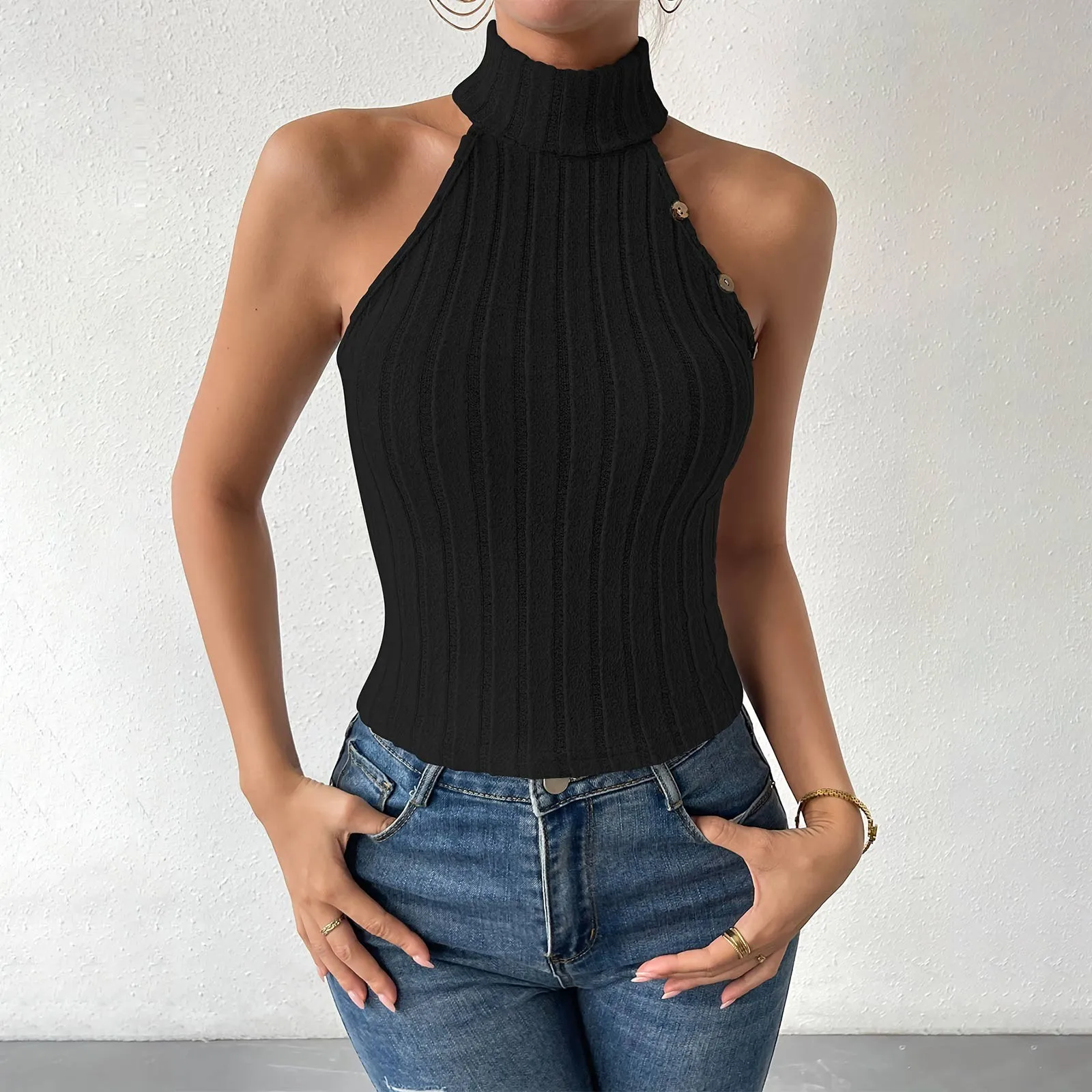 Fashion Knit Sleeveless Halter Tops For Women Basics Solid Slim Fitted Womens Turtleneck Ribbed Vest Y2k High Neck Tank Tops