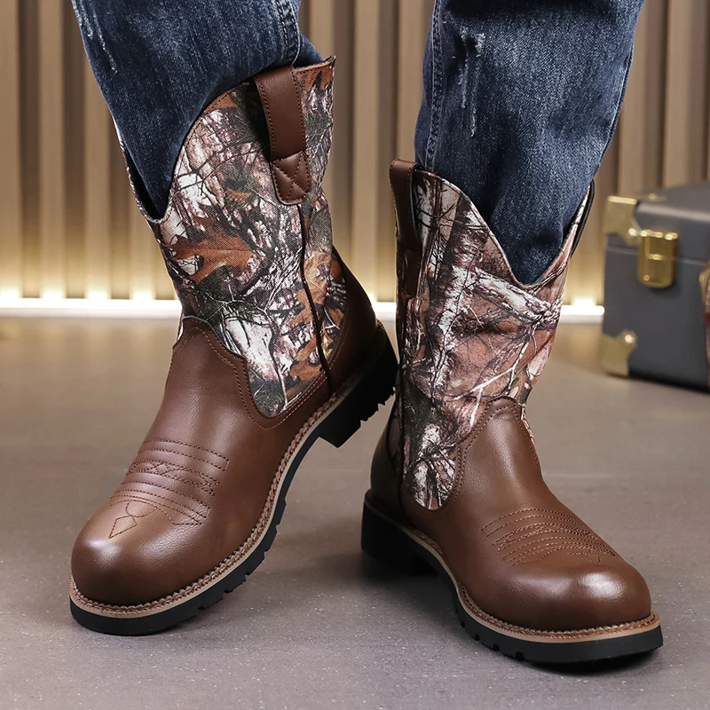 Men Cowboy Boots PU Splicing Low Heel Fashionable Hard-wearing Slip-on Men Boots Large Size 38-48