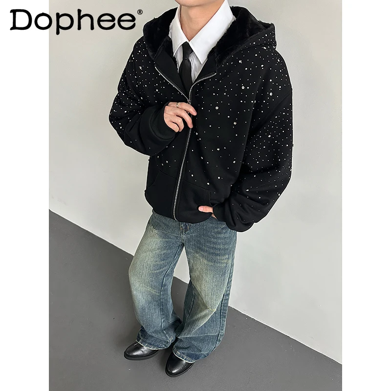

Winter Warm Fashion Trend Heavy Craft Starry Sky Rhinestone Sweatshirt Fleece Loose Casual Zipper Hooded Cardigan Jacket for Men