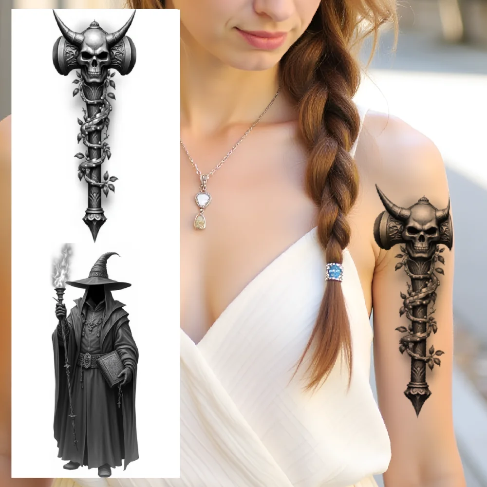 3pcs Temporary Tattoo Landscape With Bicycles Black And Grey Realism Pocket Watch With Thorns Skull In Cathedral For Women