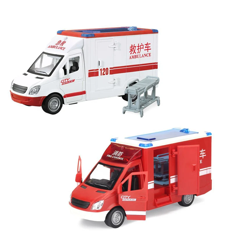 1:16 Large Ambulance City Rescue Car Music Light Pull Back Vehicle Model Boy Children Educational Toy Gift