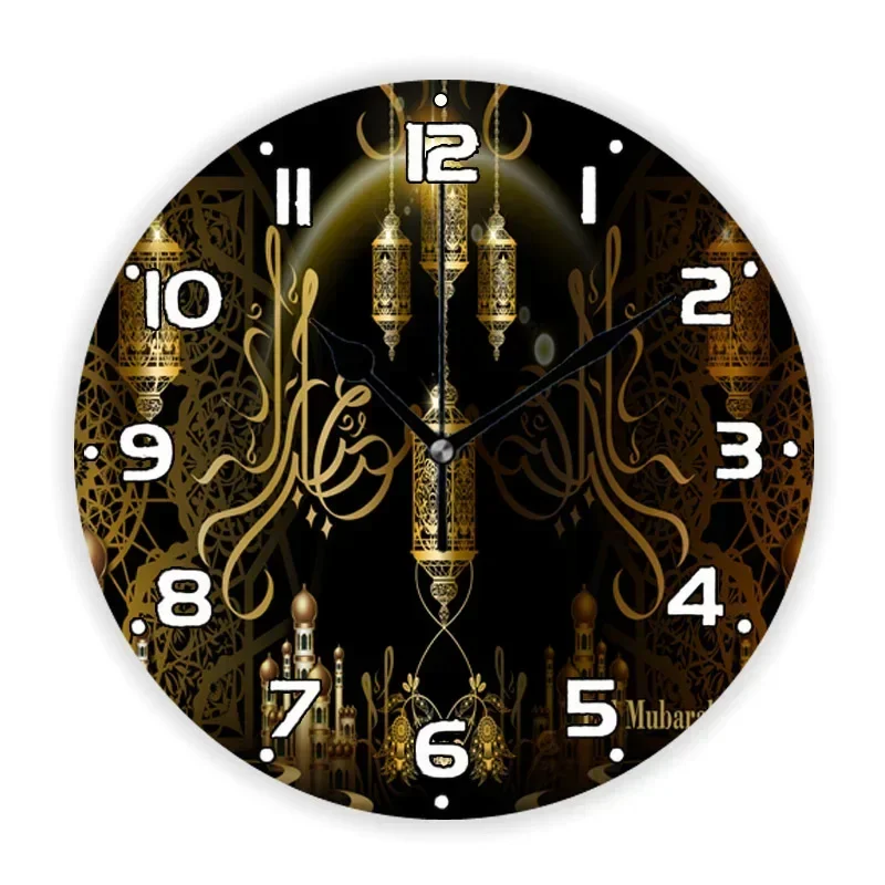 3D Luxurious Black Gold Eid Mubarak Arabic Traditional Large Wall Clock Living Room Ramadan Islamic Moselm Wall Watch Home Decor