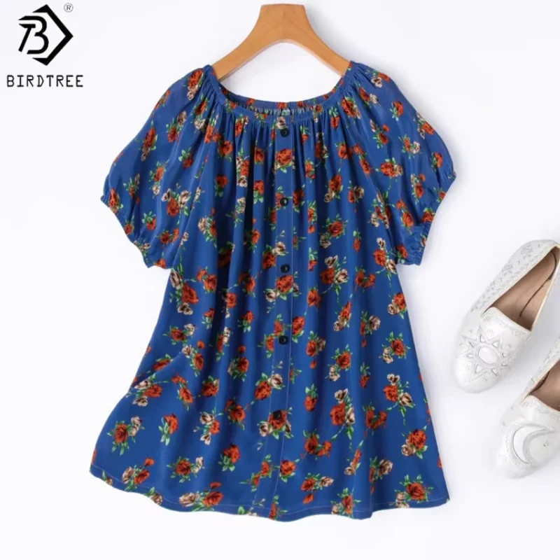 Birdtree, 100% Real Silk Print Tshirt, Double Crepe Short Sleeve Tops, Women Casual Slash Neck Shirt, 2026 Spring NewT63810JF