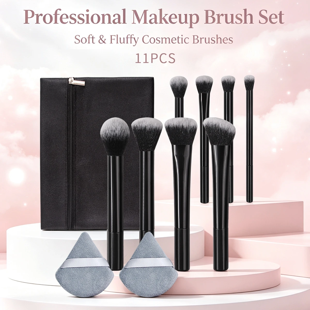 11Pcs Makeup Brush Set, 8 Soft Fluffy Brushes + 2 Cosmetic Puffs with Zipper Storage Bag, Portable Travel Beauty Tools