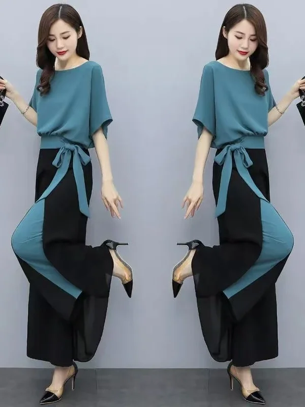 plus Size Fashionable Short Sleeve Wide Leg Pants Set Loose Fit Two Piece Suit Korean Style Commute Wind High Waist Long Pants