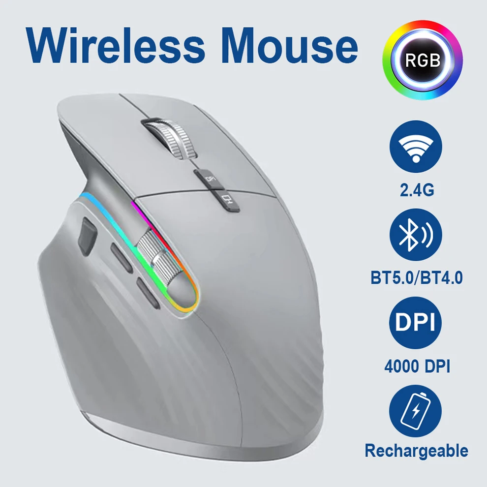 Rato sem fio multi-dispositivo Bluetooth 5.0 & 3.0 mouse 2.4G sem fio mouse óptico portátil ergonômico mão direita computador ratos