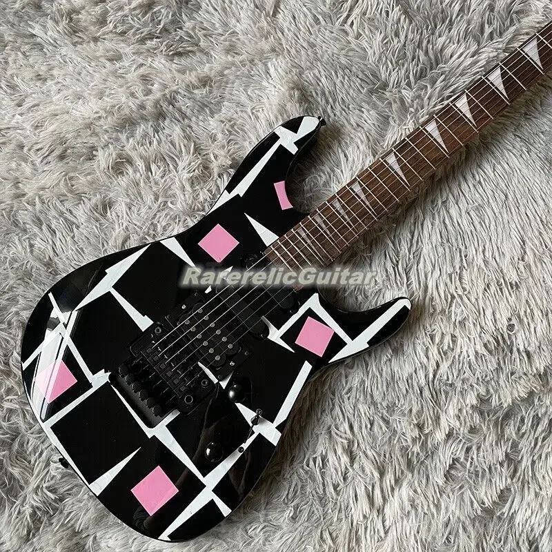 Custom Adrian Vandenberg Signature Pink White Squares Graphics Electric Guitar Floyd Rose Tremolo Bridge Black Hardware