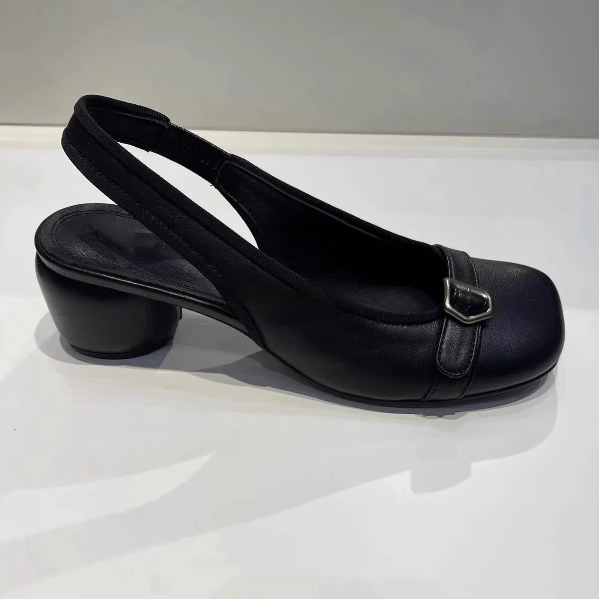 

Soft Leather Square Toe Shallow Thick Round Heel Shallow Pumps Slip-On Buckle High Heel Sandals Black Back Strap Women Shoes