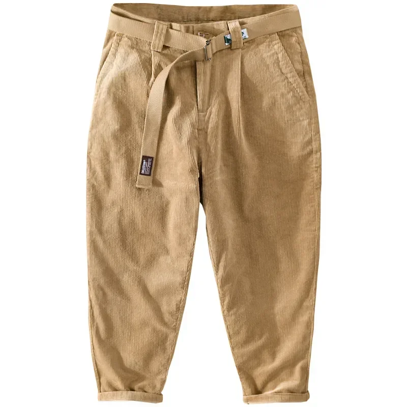 

Fall Winter Pants Men Japanese Retro Casual Corduroy Pants Straight Khaki Baggy Pants with Belt Cotton Comfort Trousers for Men