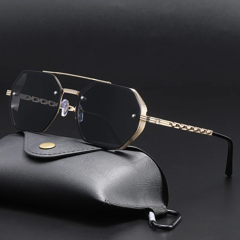 2026 New Polygonal Double Bridge Sunglasses Unisex Metal Frame Luxury Chain Temple UV400 Shades