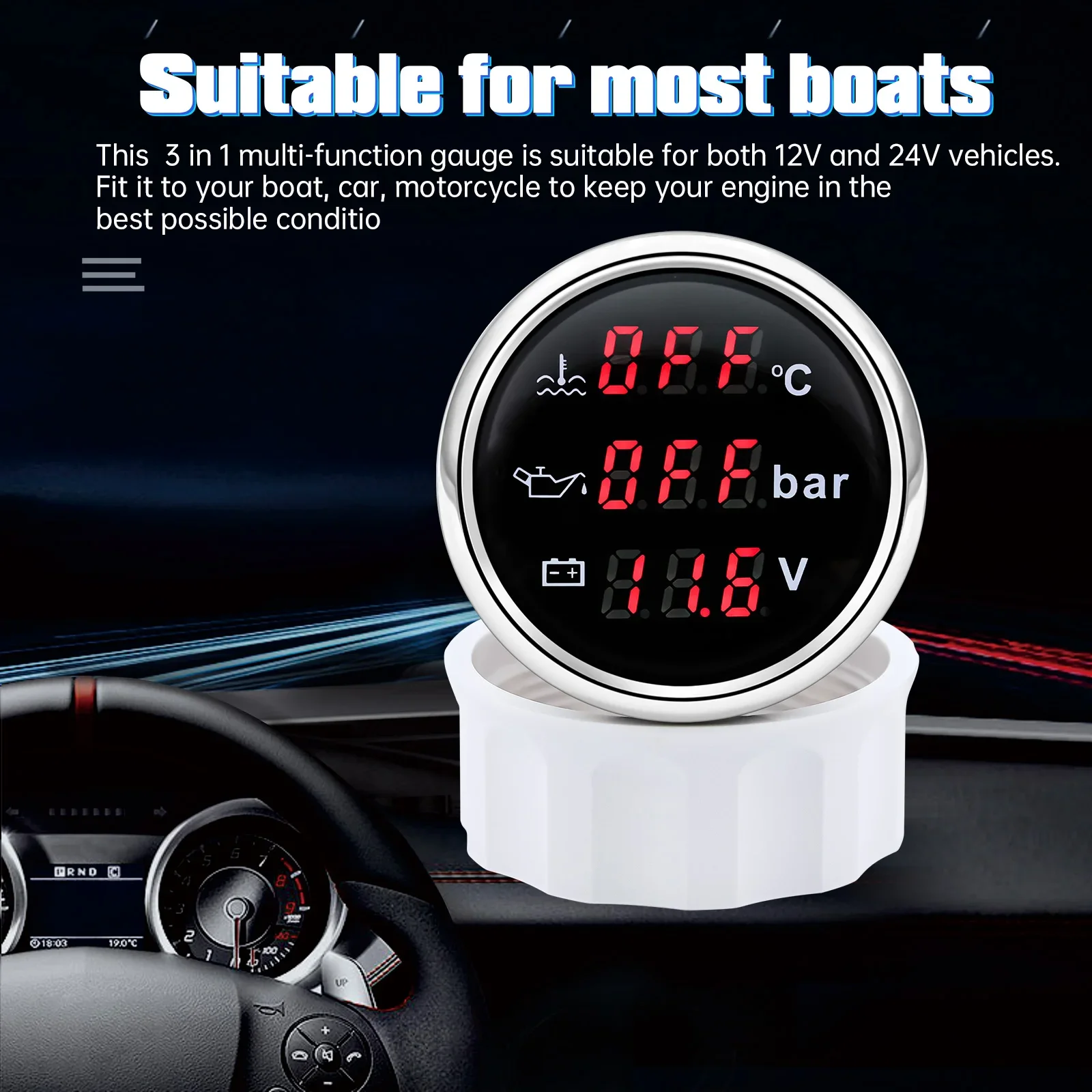 Digital 52MM Gauge 3 In 1 Multifunctional Tachometer/Water Temperature/Oil Pressure/Voltmeter/Fuel Level Gauge 0-190ohm Car Boat