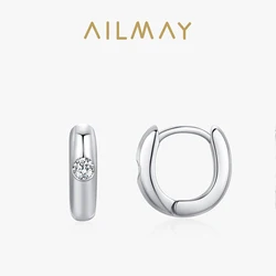 Ailmay 925 Sterling Silver Minimalist Geometric Design Cubic Zirconia Hoop Earrings For Women Circle Ear Buckles Fine Christmas