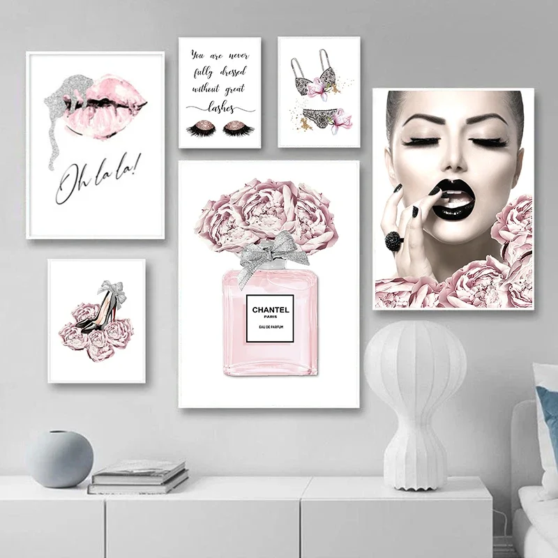Perfume de flor Rosa glamoroso y póster de tacones de ropa interior de moda Pintura en lienzo con estampado de labios plateados para habitación de niña y hogar