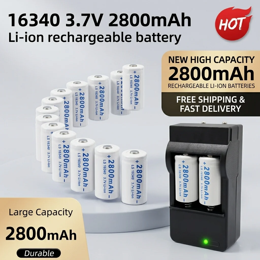 

2800mAh 16340 Lithium Ion Battery 3.7V Rechargeable CR123A RCR123 ICR Cells with Charger for Flashlight Headlamp Cam L70