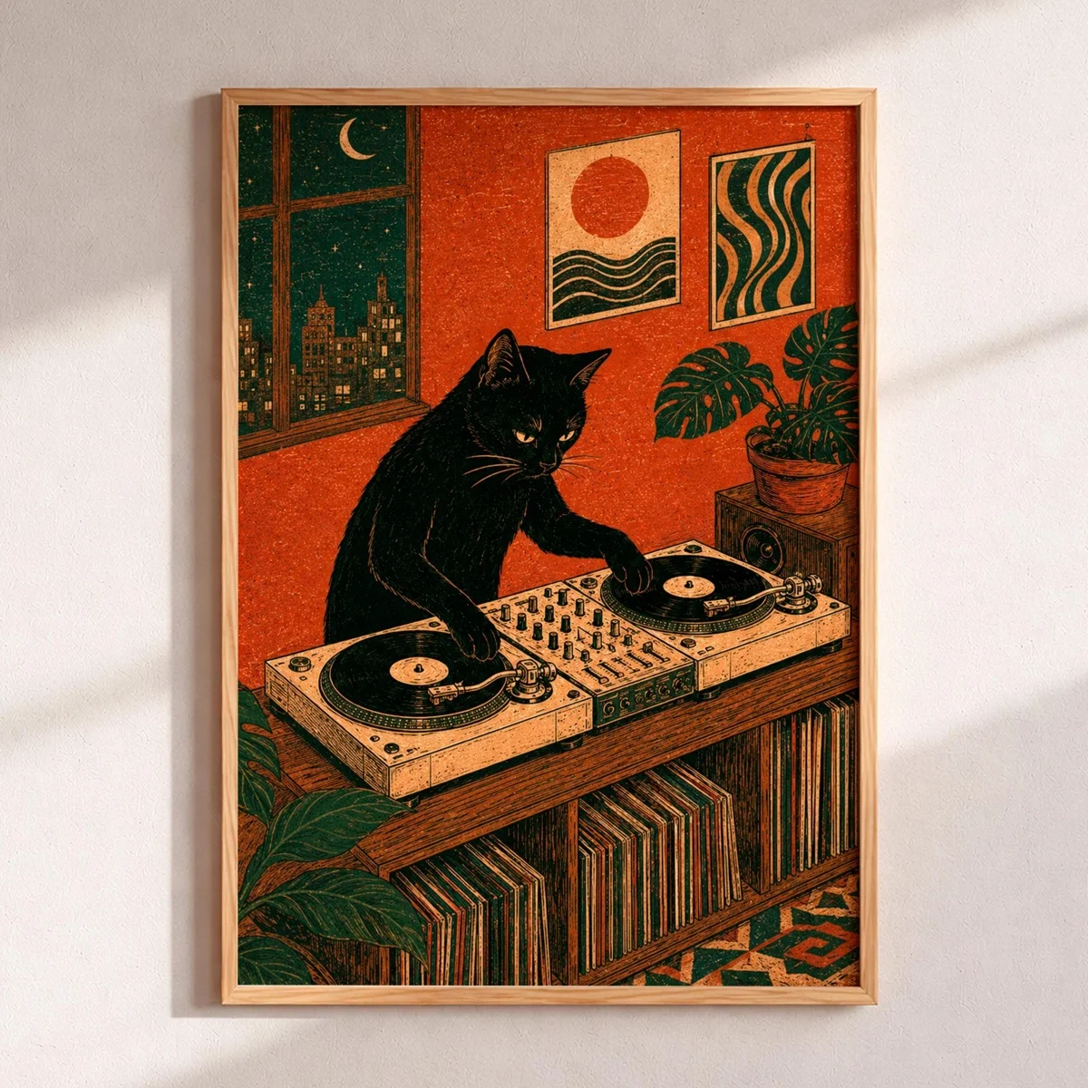 Vintage Black Cat DJ Canvas Print Poster Mid Century Retro Turntable Music Art Prints Living Room Bedroom Wall Art Home Decor